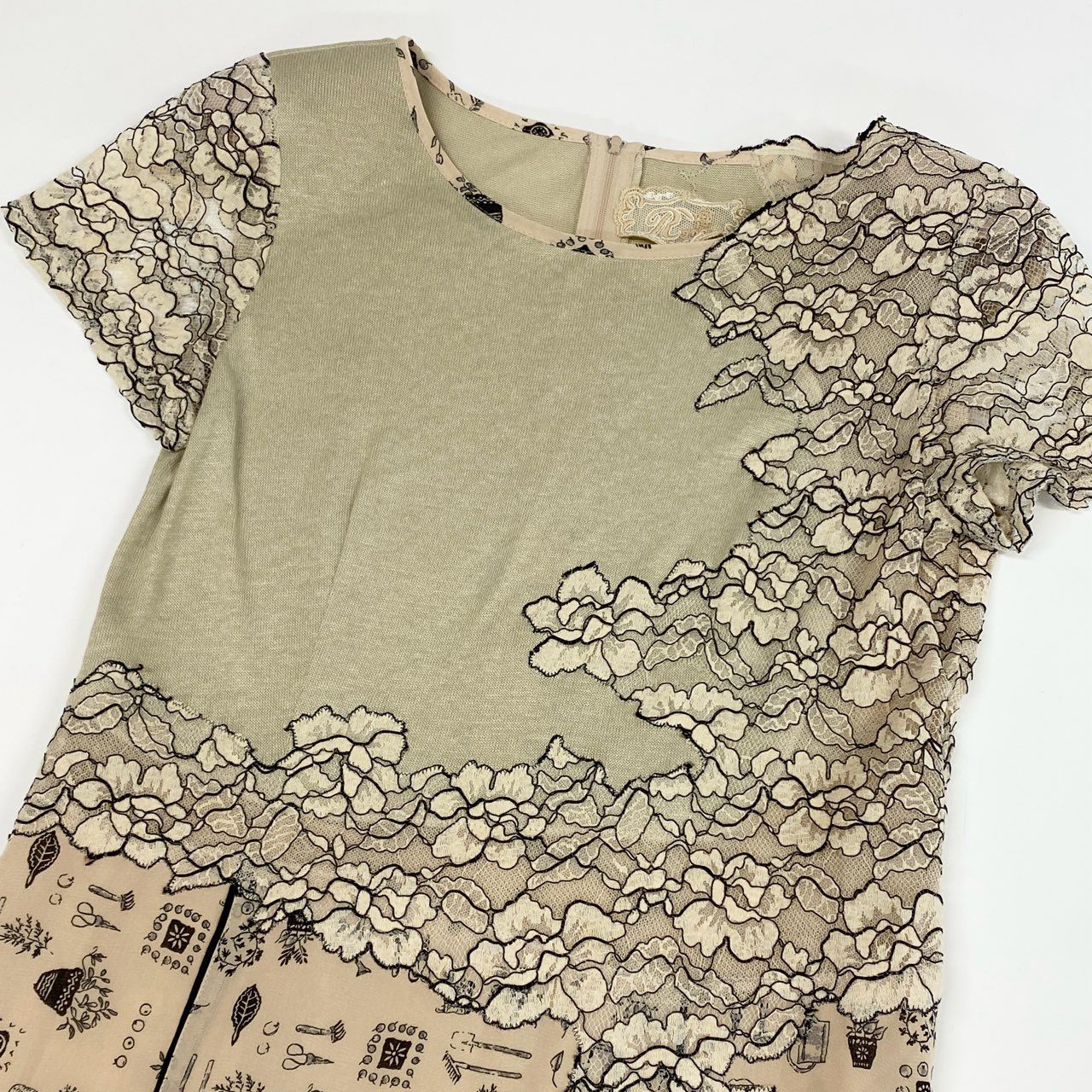 60j27 Roosa ロッサ 半袖ワンピース ロングワンピース ニット レース 総柄 44サイズ ベージュ ブラック レディースu02t