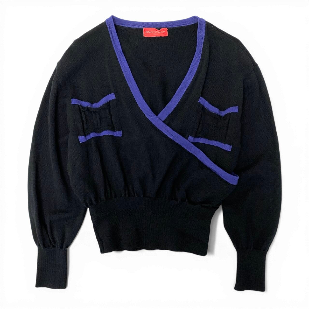 41d10 BALENCIAGA バレンシアガ 長袖ニットカーディガン BBロゴ 変形デザイン レディース 女性用 M ブラックパープル ウール100％u02t