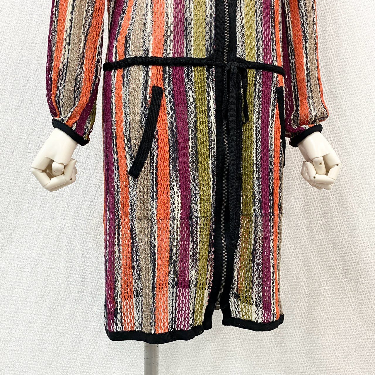 12f11 MISSONI ミッソーニ カギ編み ニットワンピース ジップアップ ロングカーディガン コート サイズ46 マルチカラー レディースk02i