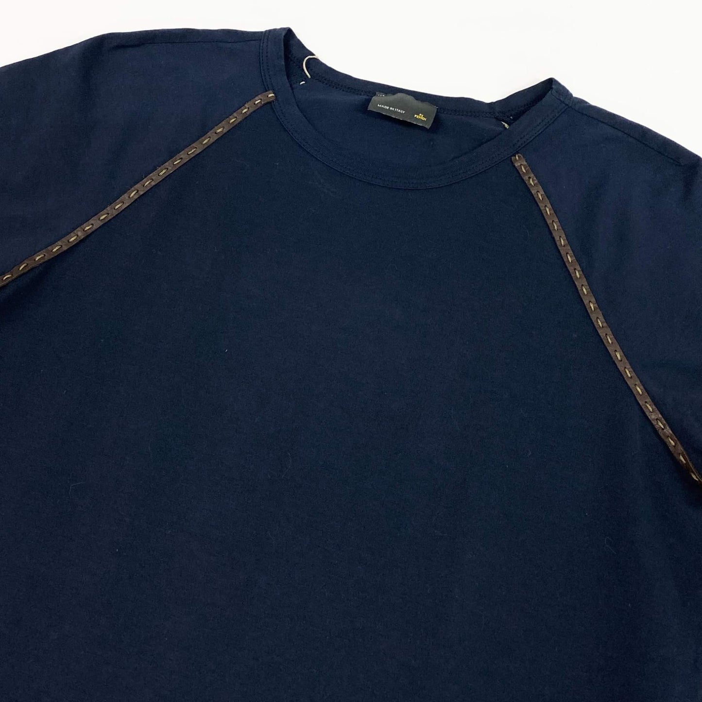 Eb20  FENDI フェンディ レザーパイピング 半袖Tシャツ カットソー 42 ネイビー レディースu02t