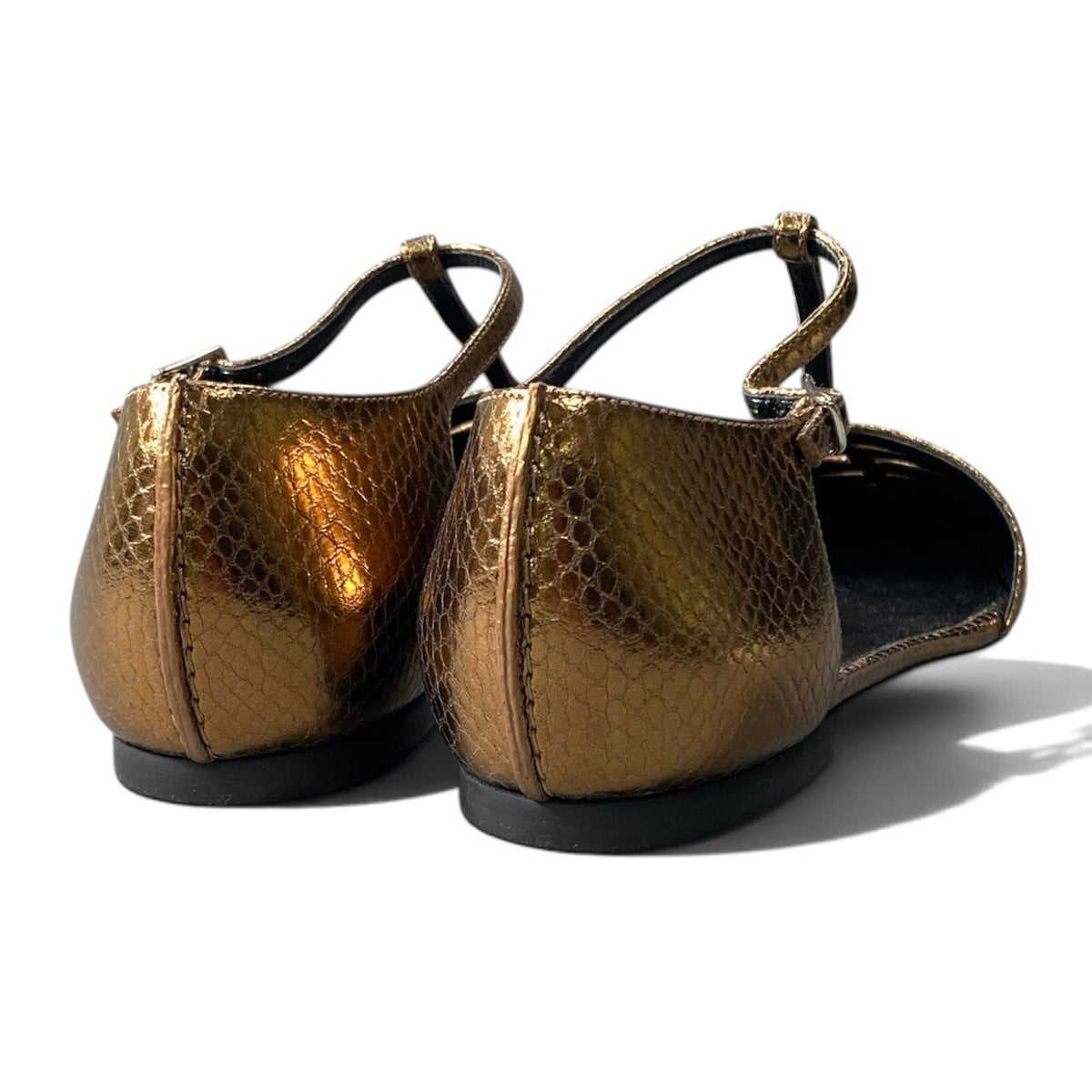 h13【美品】STELLAMcCARTNEY パイソン型押し Tストラップフラットシューズ 38サイズ ゴールド レザー レディース 女性用k02i