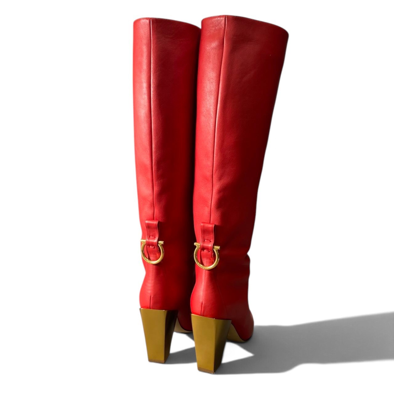 h12【極美品】Salvatore Ferragamo ガンチーニ ロングブーツ チャンキーヒール 7Dサイズ レッド ゴールド レザー レディース 女性用k02i