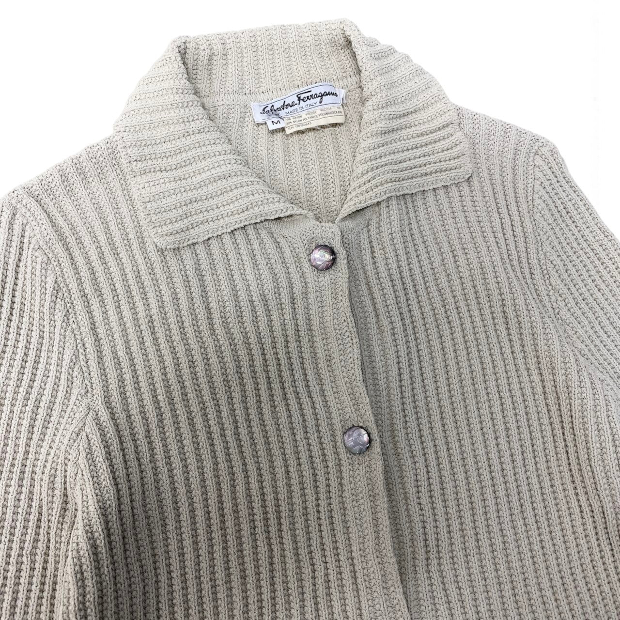 29h31 Salvatore Ferragamo サルヴァトーレフェラガモ ロングスリーブ ニットシャツ リブニット サイズM ベージュ レディースo07t