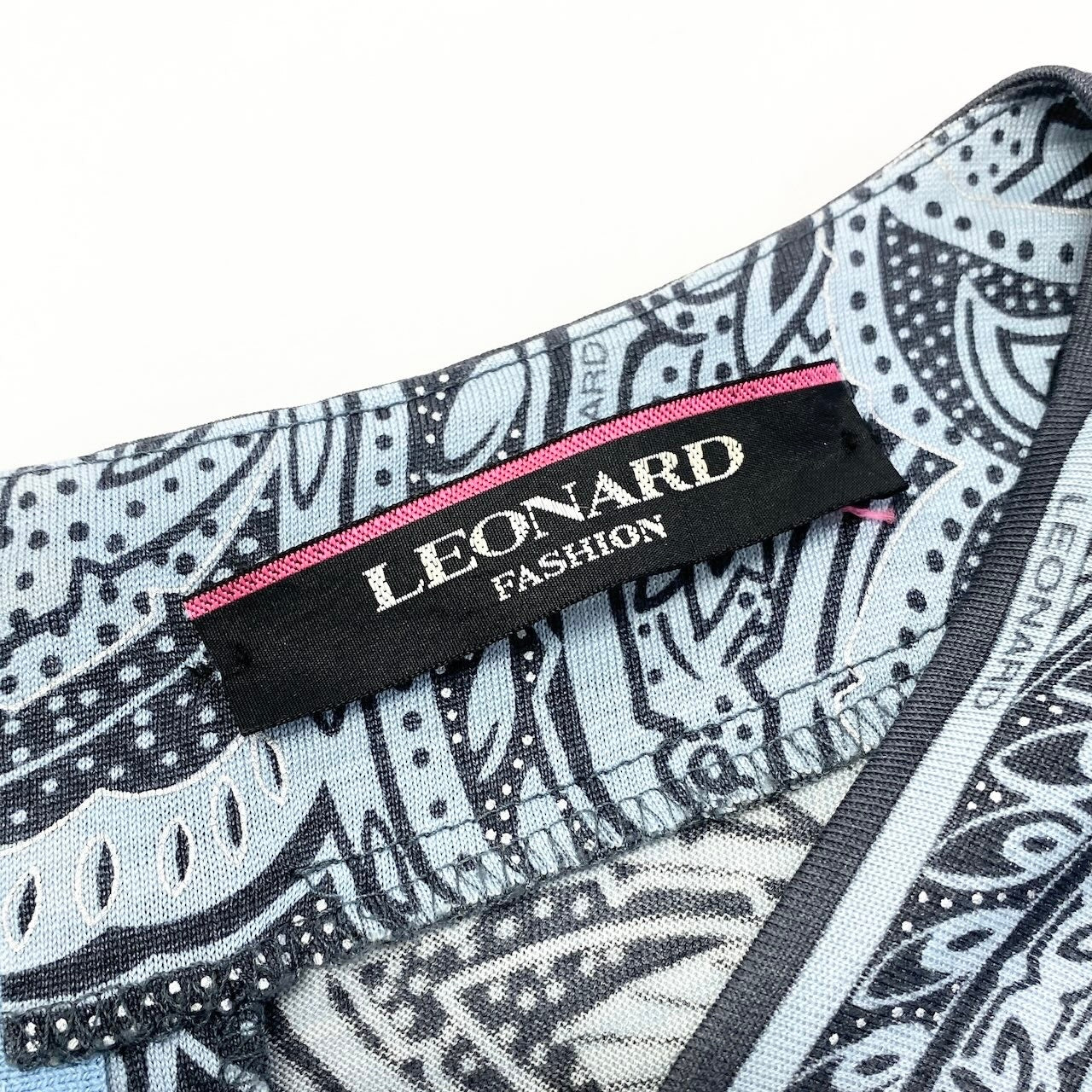 65e7 LEONARD FASHION レオナール 七分袖 膝丈ワンピース ペイズリー柄 総柄プリント サイズ42 ライトブルー ネイビー ウール シルク レディース 女性服o07t