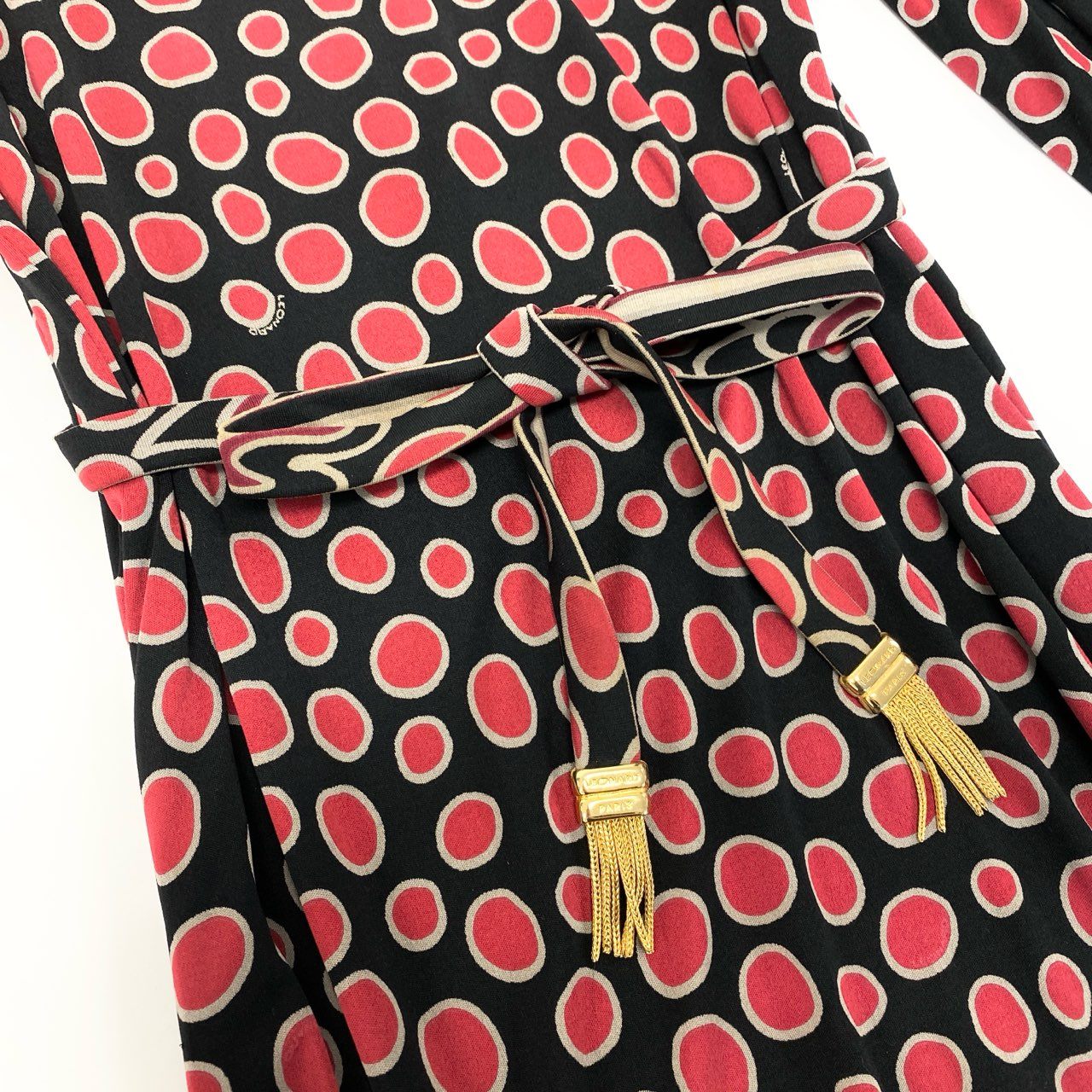 20L2 フランス製 LEONARD レオナール 長袖ワンピース ロングワンピース トップス ドット柄 ブラック レッド レディースu02t