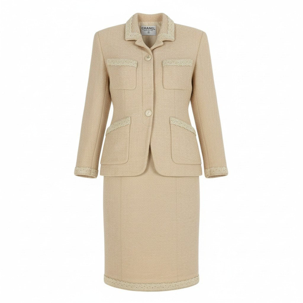 Cc3 CHANEL ヴィンテージ シャネル ココマークボタン ツイードジャケット スカート セットアップ  M相当 アイボリー レディース 女性用 スーツta1