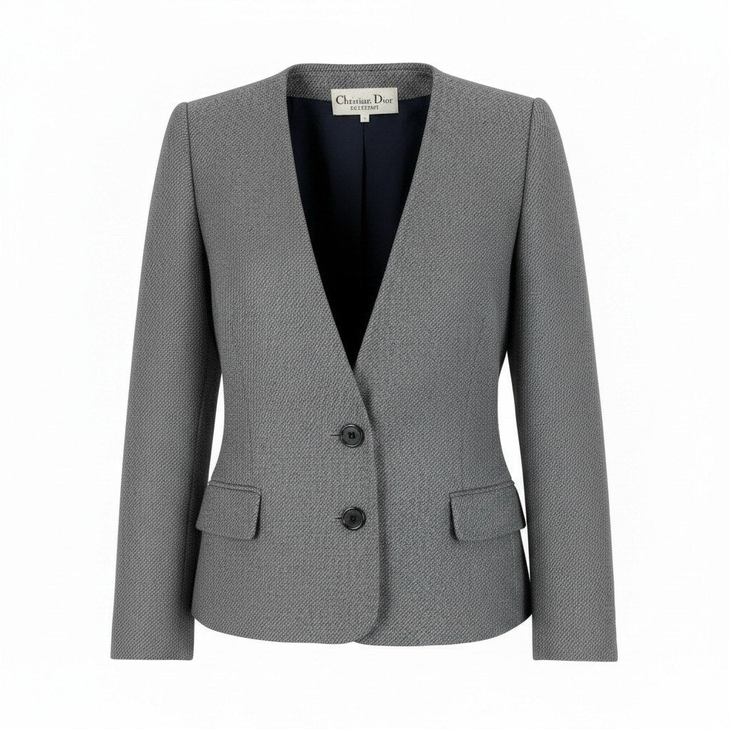 13e3 Christian Dior クリスチャンディオール ノーカラージャケット ウールジャケット サイズL グレー レディース 女性服u02t