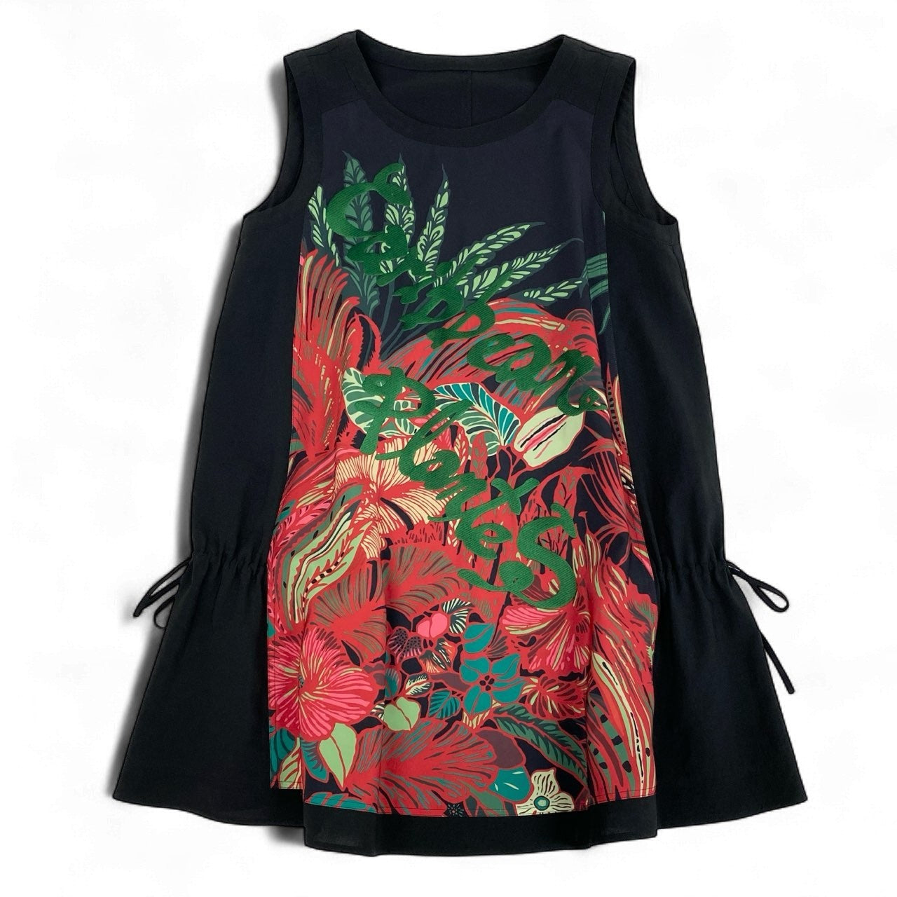 64k19《美品》TOKUKO 1er VOL トクコプルミエヴォル ノースリーブワンピース Aラインワンピース ボタニカル柄 刺繍 サイドリボン レディース 9 ブラックu02t