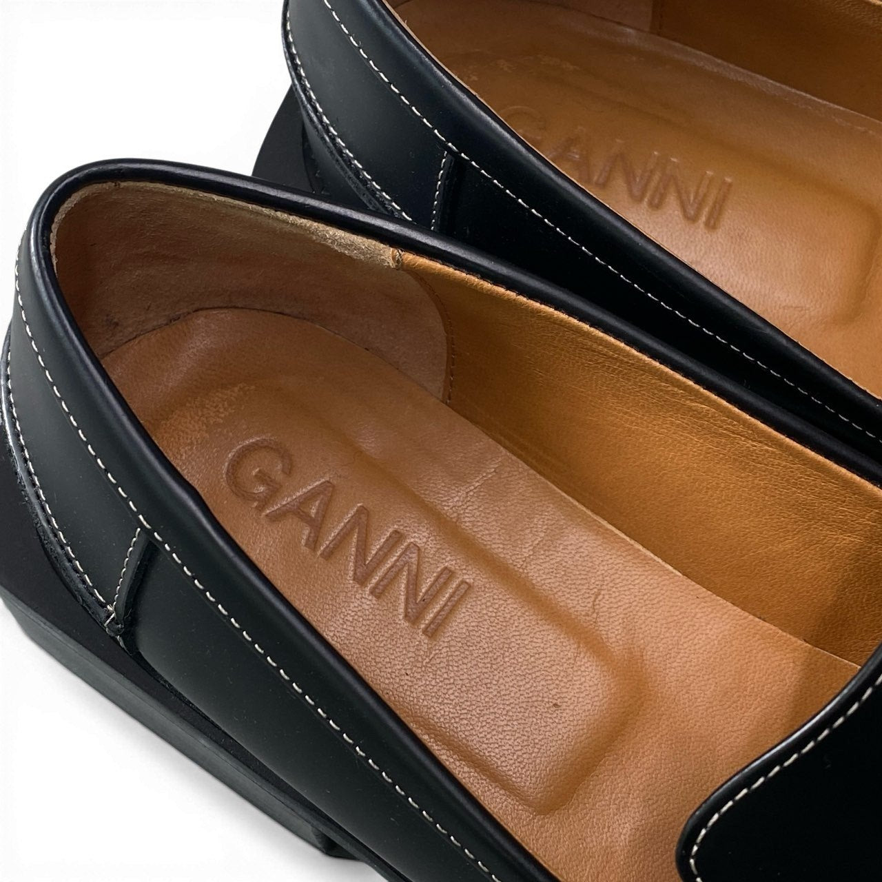 1c23 GANNI ガニ― クリスタルボタン付き レザーローファー ビジュー 革靴 フラットシューズ レディース 女性用 40 ブラックu02t