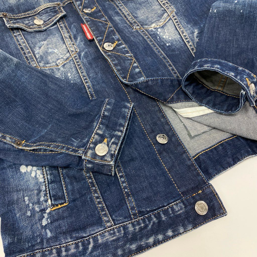 14a15 DSQUARED2 ディースクエアード イタリア製 DAN JEAN JACKET デニムジャケット ダメージ ペイント加工 メンズ 紳士服 S74AM1027 / S30342 46 インディゴブルーu02t