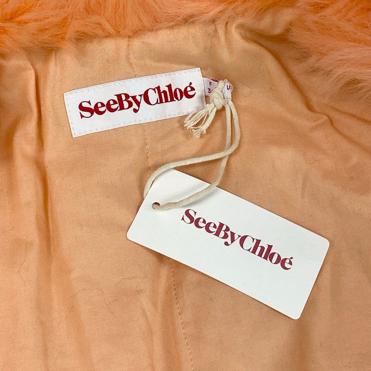 h13 【極美品】 See By Chloe シーバイクロエ ファーコート フェイクファー サイズ38 ピーチオレンジ レディースo07t