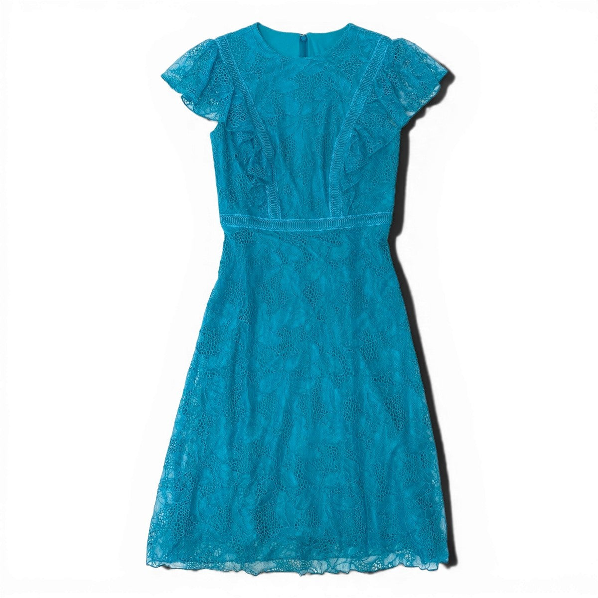49g18 【美品】TADASHI SHOJI タダシショージ 総レースワンピース ドレス フリル 膝丈 0サイズ エメラルドグリーン レディース 女性用u02t