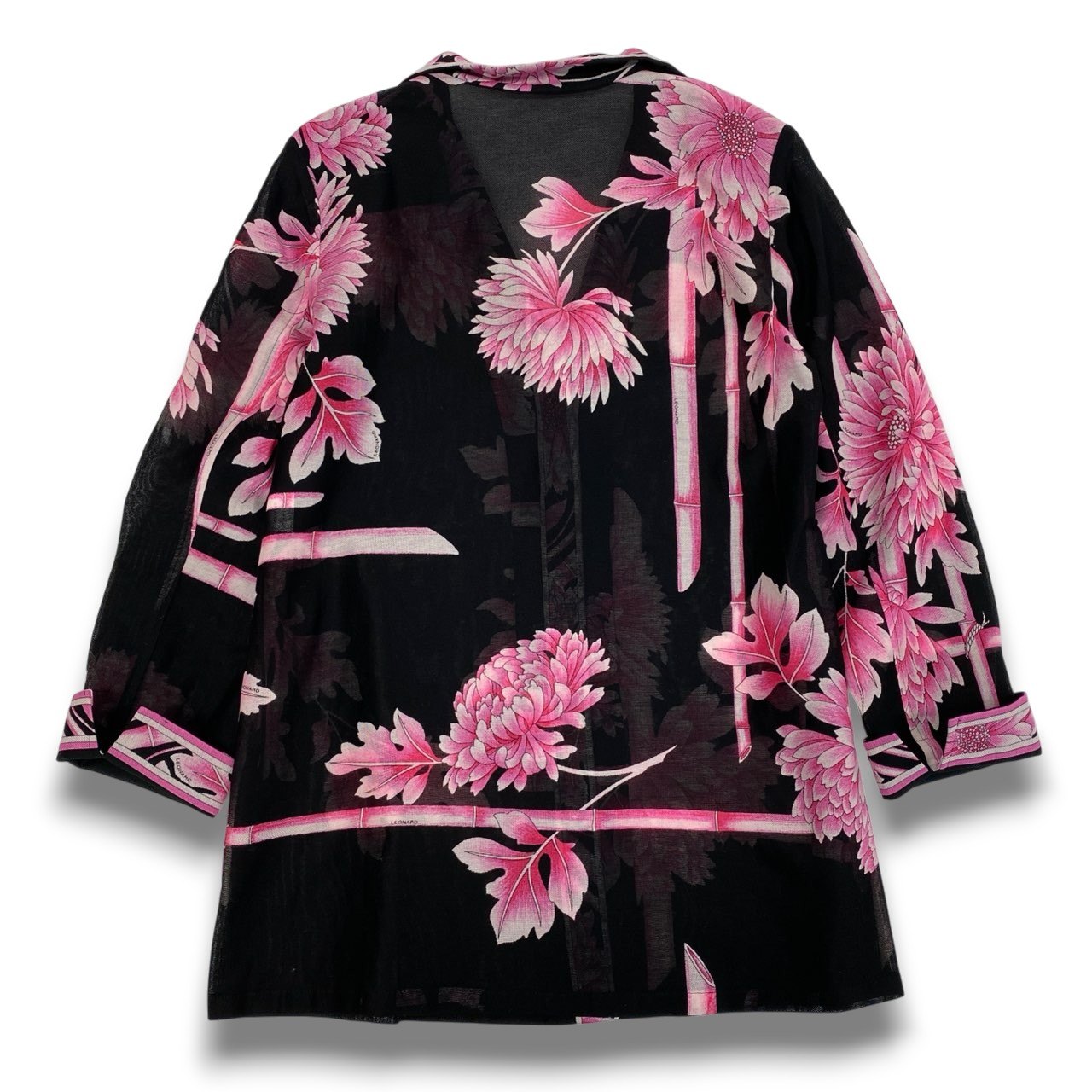 59b22 【美品】 LEONARD FASHION レオナール シアージャケット シャツジャケット 美しい花柄プリント レディース 女性服 11R ブラック ピンク コットン100％u02t