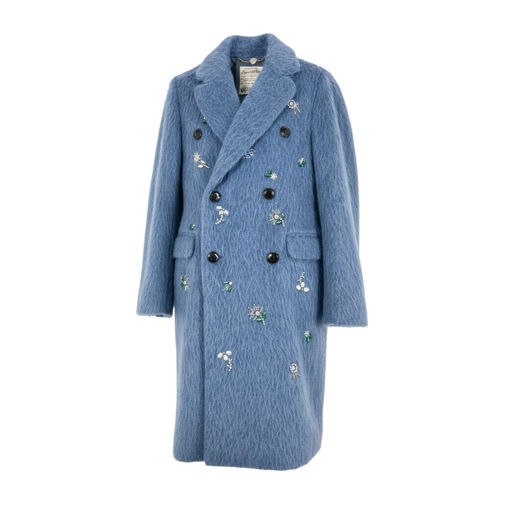 28k6【美品】MUVEIL ミュベール シャギーコート ロングコート ビジュー アウター MA43FC003 36サイズ ブルー レディースu02t