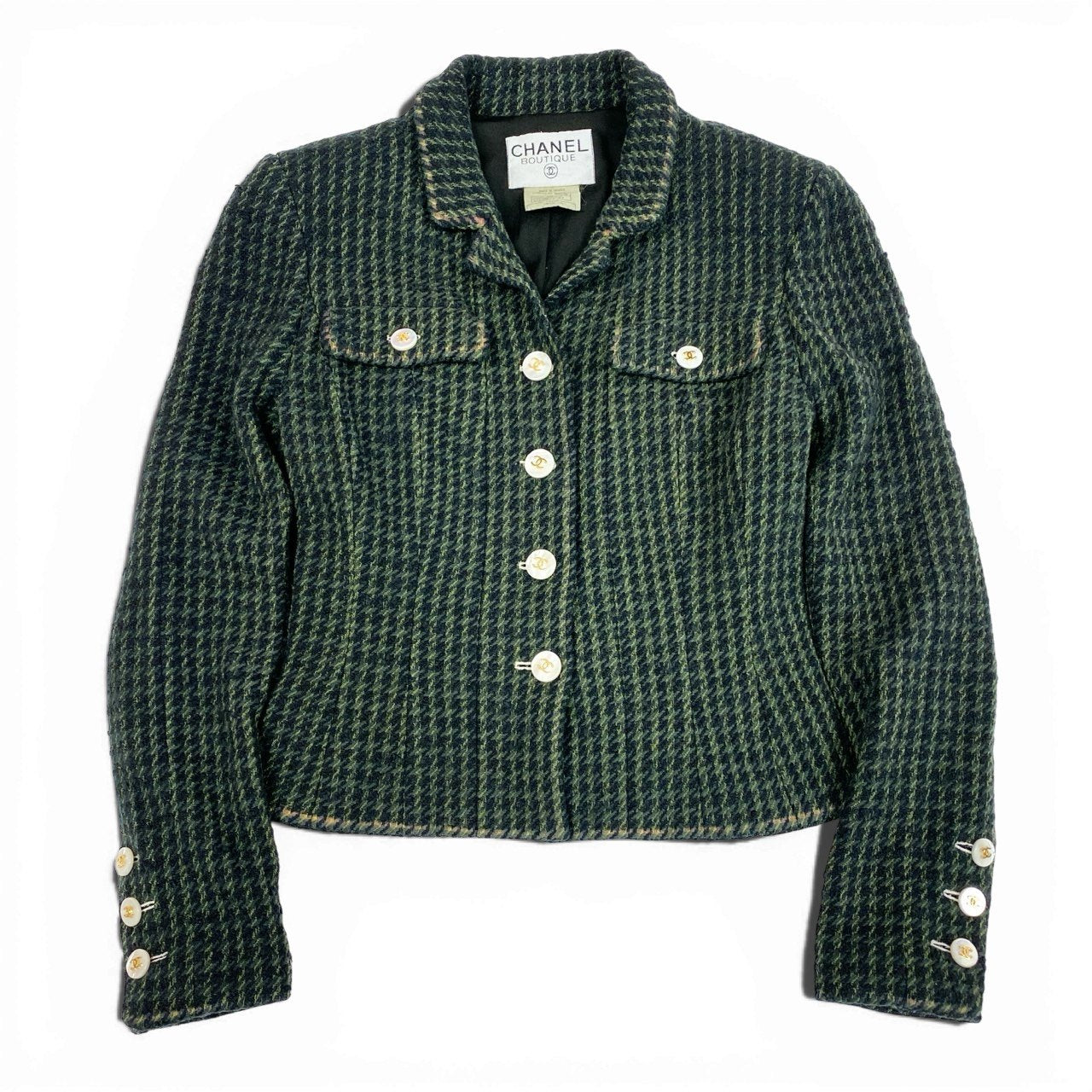 60a14【Archive】CHANEL シャネル 1997年 collection P07184 ココマークボタン ツイードショートジャケット サイズ40 ダークグリーン系 レディース 女性用 アウターta1