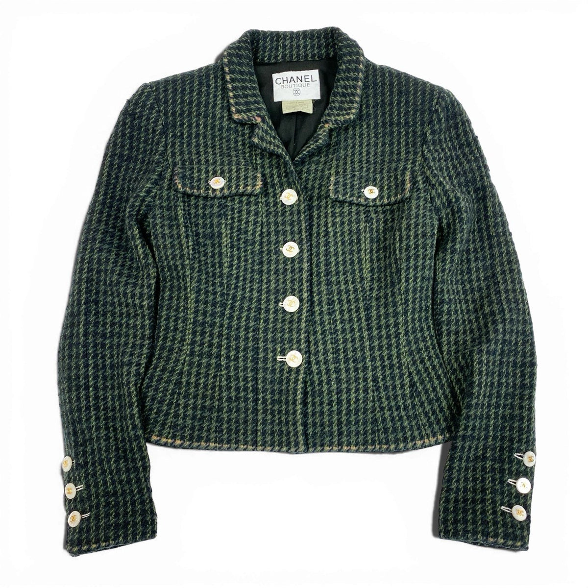 Ca14【Archive】CHANEL シャネル 1997年 collection P07184 ココマークボタン ツイードショートジャケット サイズ40 ダークグリーン系 レディース 女性用 アウターta1