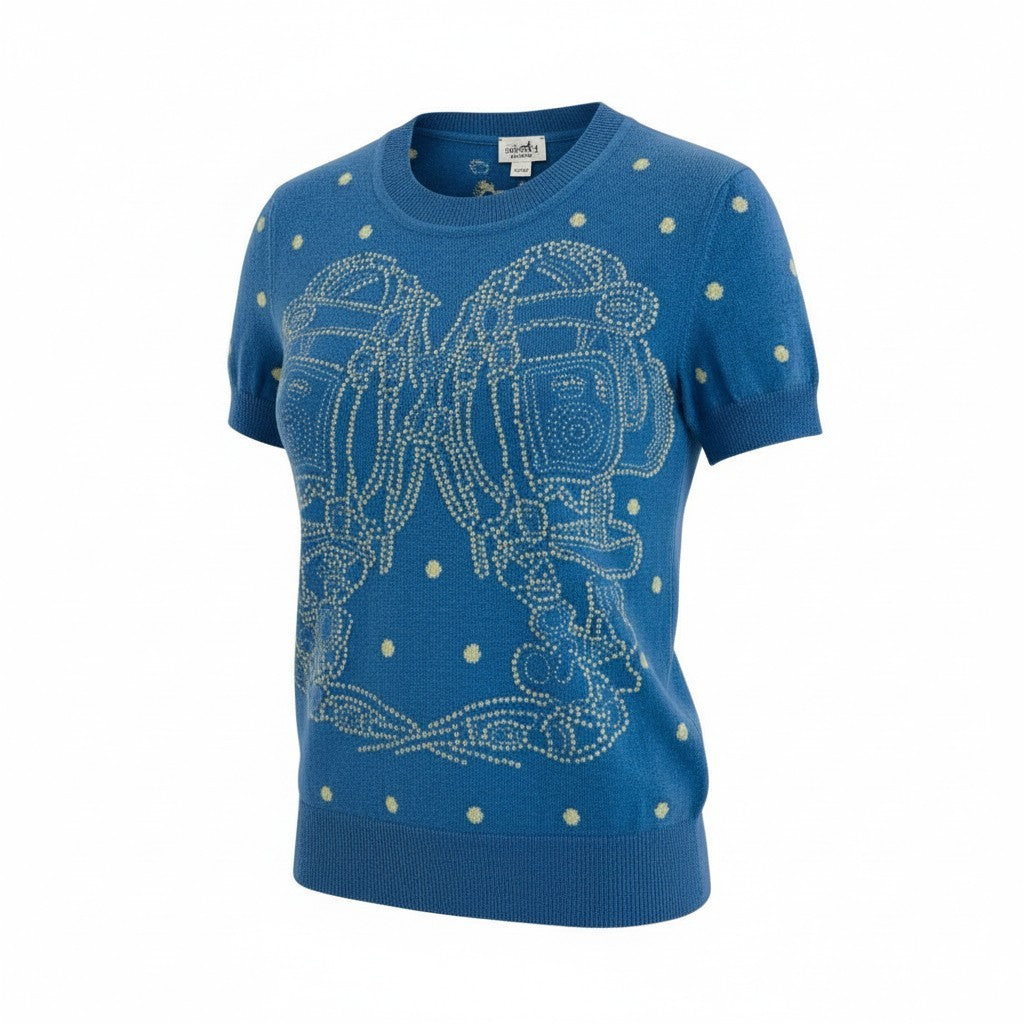 Ia13 HERMES エルメス BRIDES DE GALA 半袖ニットセーター カシミヤブレンド ドット柄 イタリア製 レディース 女性用 3E2623D8 36 ブルー系o07t