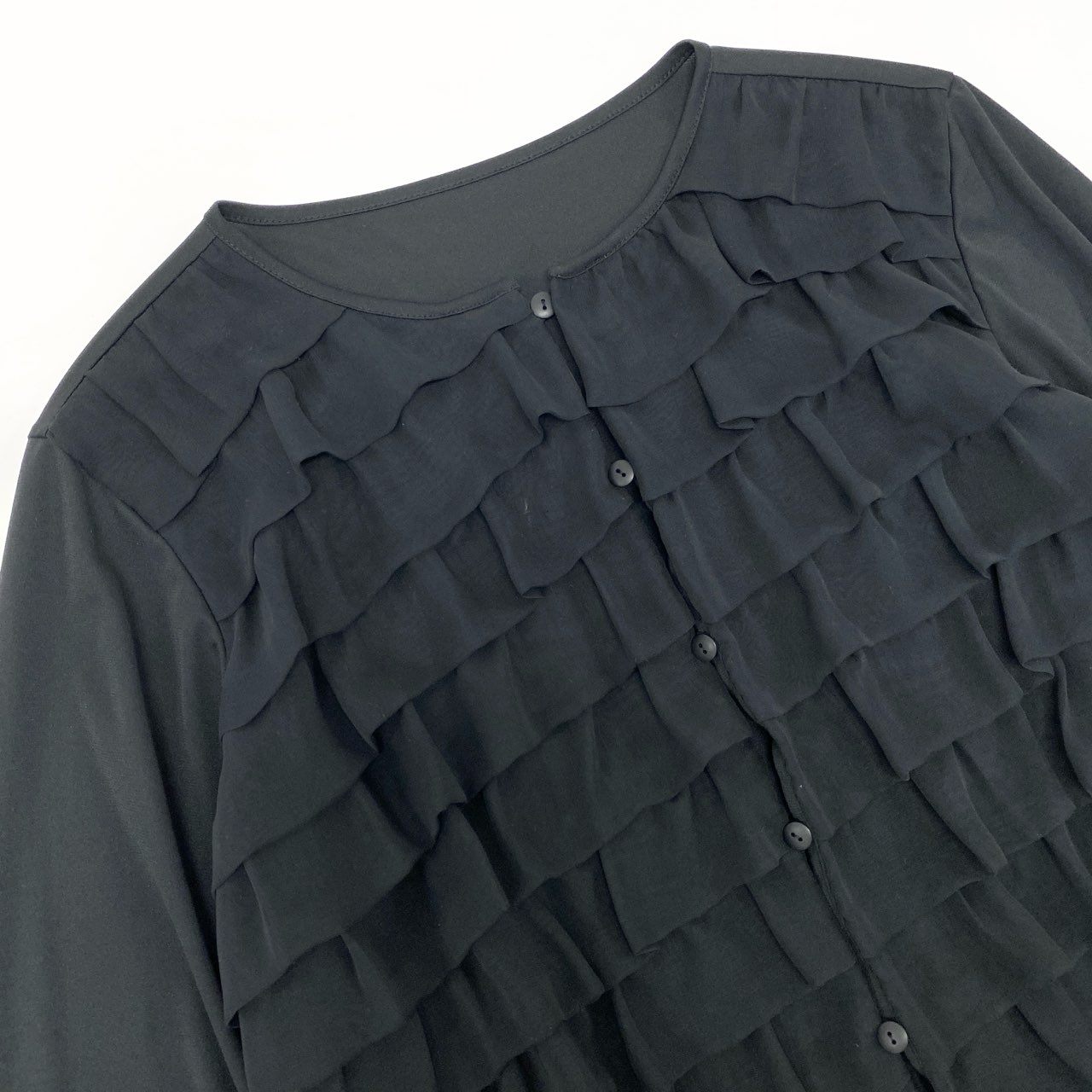 67k20《美品》TOKUKO 1er VOL トクコプルミエヴォル フリルジャケット ロングスリーブカーディガン 薄手 フォーマル レディース 女性用 9 ブラック ポリエステル100％u02t