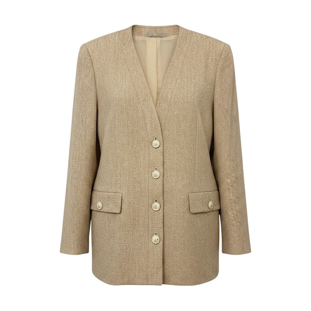 55h21 Aquascutum アクアスキュータム セットアップ スカートスーツ フォーマル ノーカラージャケット 刻印ボタン サイズ11 ベージュ レディース 女性用o07t