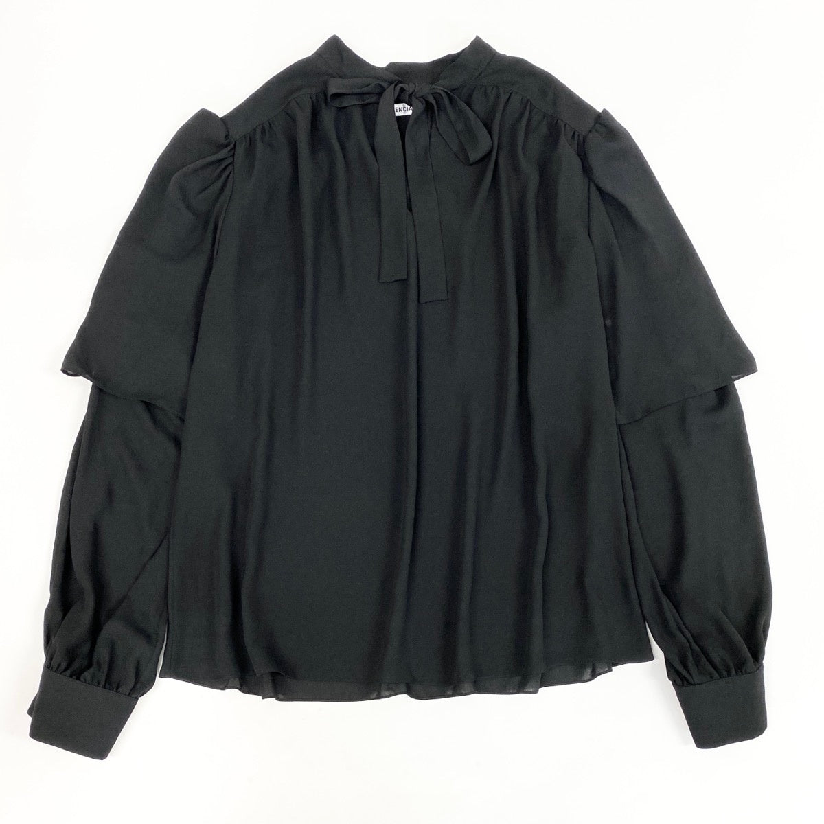 Eh10  BALENCIAGA バレンシアガ ボウタイブラウス シフォンブラウス リボン 袖レイヤード 長袖 605713 40 ブラック ポリエステル100％ レディース 女性用o07t