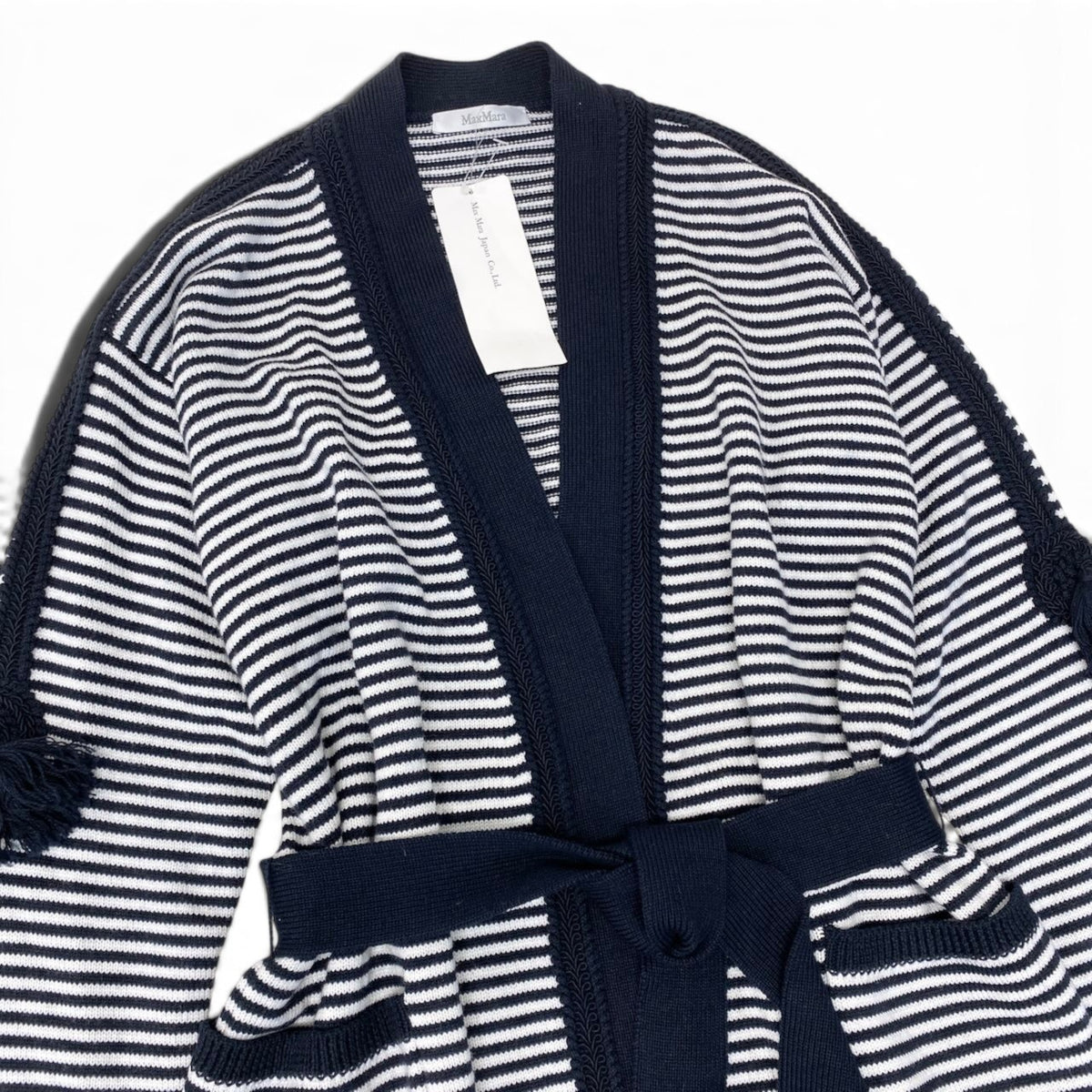88i15 【未使用タグ付】 Max Mara マックスマーラ ロングニットカーディガン ボーダー柄 ウエストリボン M ネイビー ホワイト ウール100％ レディースu02t