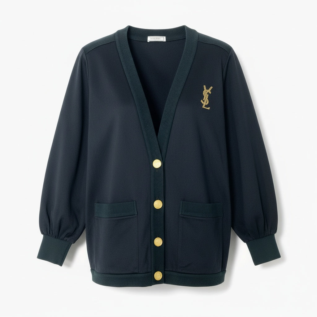 82a29 Vintage Yves Saint Laurent ヴィンテージ イヴサンローラン YSL カサンドラロゴ ビジュー 金ボタン カーディガン 羽織 Cassandre Logo Cardigan Gold Buttons M ブラック コットン レディースo07t