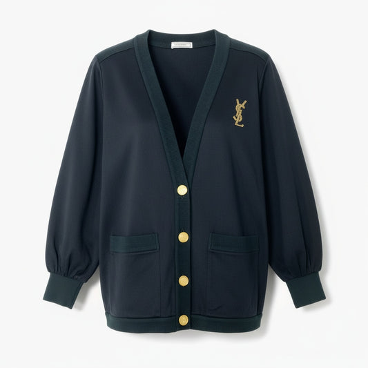 Ia29 Vintage Yves Saint Laurent ヴィンテージ イヴサンローラン YSL カサンドラロゴ ビジュー 金ボタン カーディガン 羽織 Cassandre Logo Cardigan Gold Buttons M ブラック コットン レディースo07t