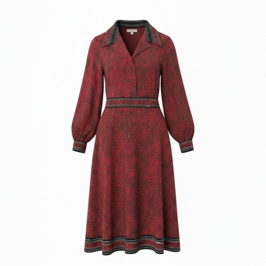 64b7 LEONARD レオナール 長袖ワンピース 総柄 開襟 ウエストマーク 3 レッド シルク100％ レディース 女性用u02t