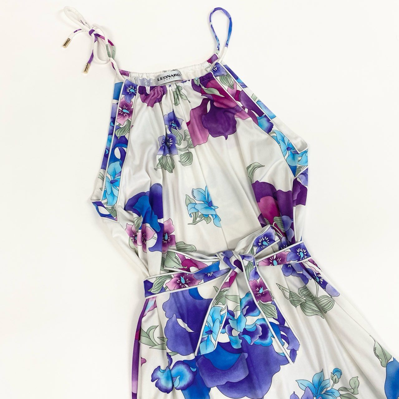 30b11 LEONARD レオナール キャミソールロングワンピース 美しい花柄プリント ウエストベルト 0430902 38サイズ ホワイト ナイロン100％ レディース 女性用u02t