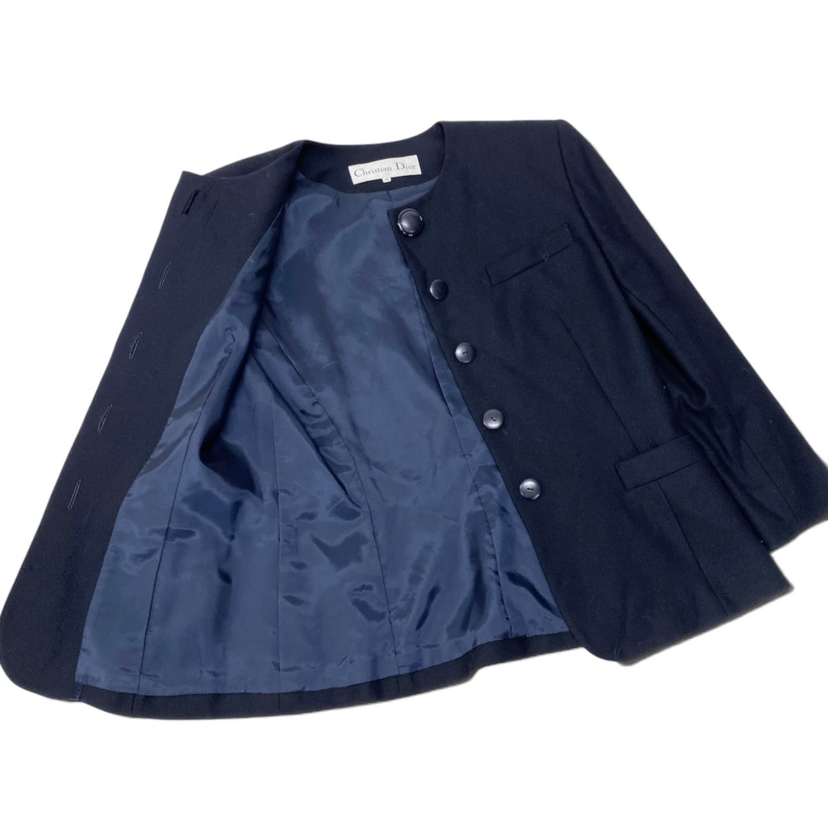84i15 Christian Dior クリスチャンディオール セットアップ スカートスーツ ノーカラージャケット フォーマル サイズ9 ネイビー ウール100％ レディースo07t