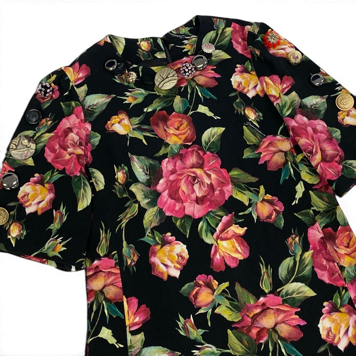 79g1 DOLCE&GABBANA ドルチェアンドガッバーナ ローズプリント 半袖ワンピース プリーツ切替 花柄 装飾ボタン ドレスワンピース サイズ36 ブラック レディースu02t