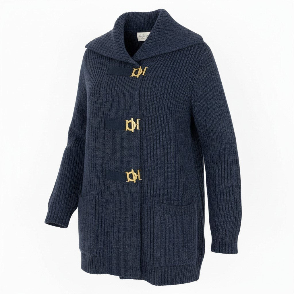 52b27 Salvatore Ferragamo サルヴァトーレフェラガモ ガンチーニ ニットカーディガン ロングカーディガン S ネイビー ウール レディースu02t