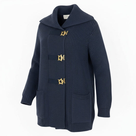 52b27 Salvatore Ferragamo サルヴァトーレフェラガモ ガンチーニ ニットカーディガン ロングカーディガン S ネイビー ウール レディースu02t