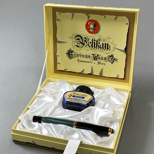 j16《美品》 Pelikan ペリカン SOUVERAN スーベレーン 万年筆 14C 585 グリーン ブラック ストライプ 箱 インク付きt18r