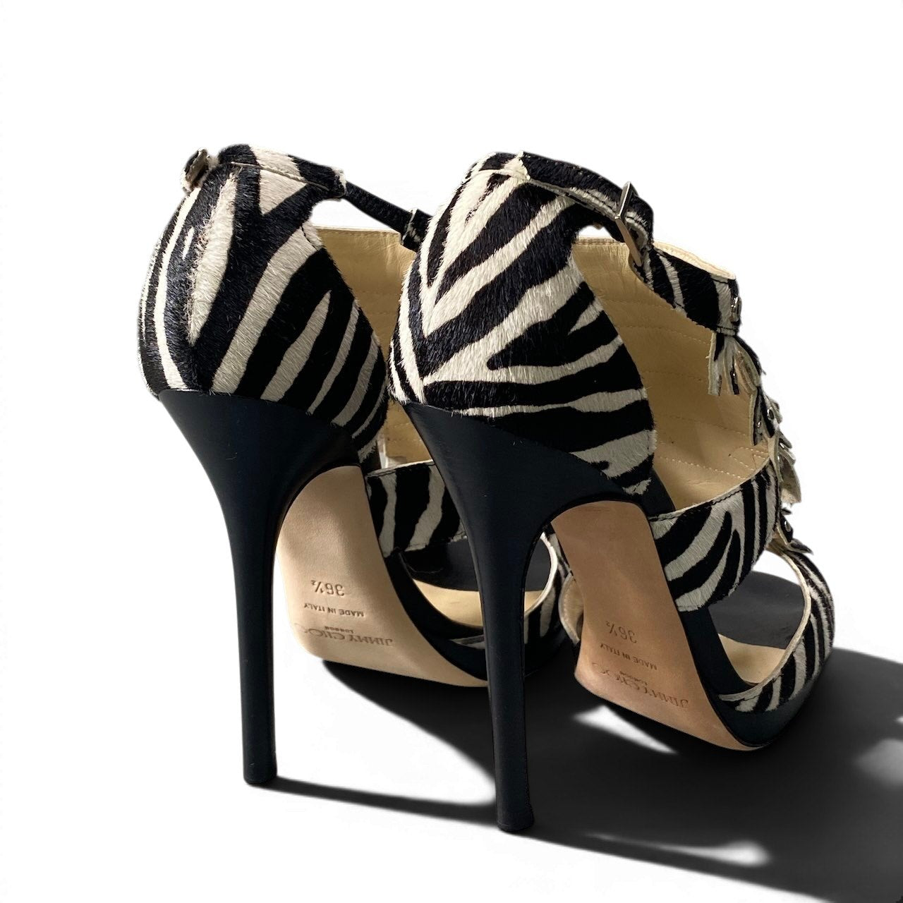 e13 JIMMY CHOO ジミーチュウ オープントゥ ヒールパンプス ハラコ ゼブラ柄 スタッズ ハイヒール 36 1/2 ブラック ホワイト レディース 女性用k02i
