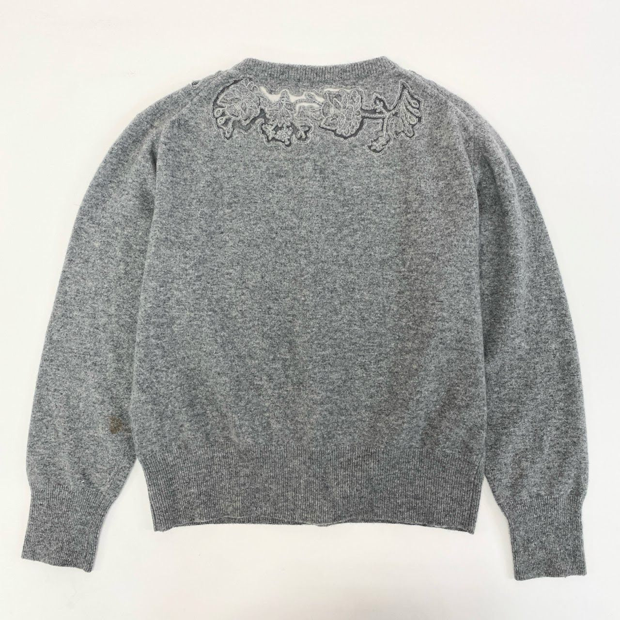 48k2 Ermanno Scervino エルマンノ シェルヴィーノ イタリア製 大きいサイズ レースデザイン 長袖 ニット カーディガン 44 XLサイズ相当 グレー ウール カシミア レディースo07t