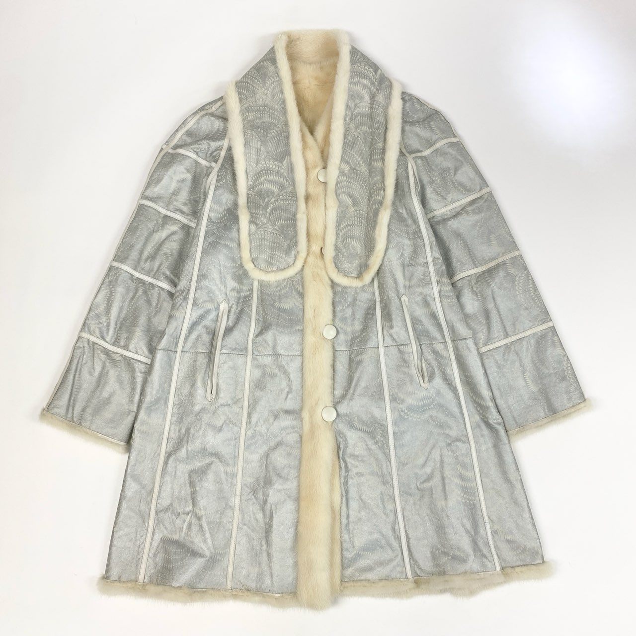 20k2《希少》 ショール付き パールミンク ロングコート 98cm ホワイト 最高級本毛皮 ノーカラー 裾広がり PEARL MINK FURt18r