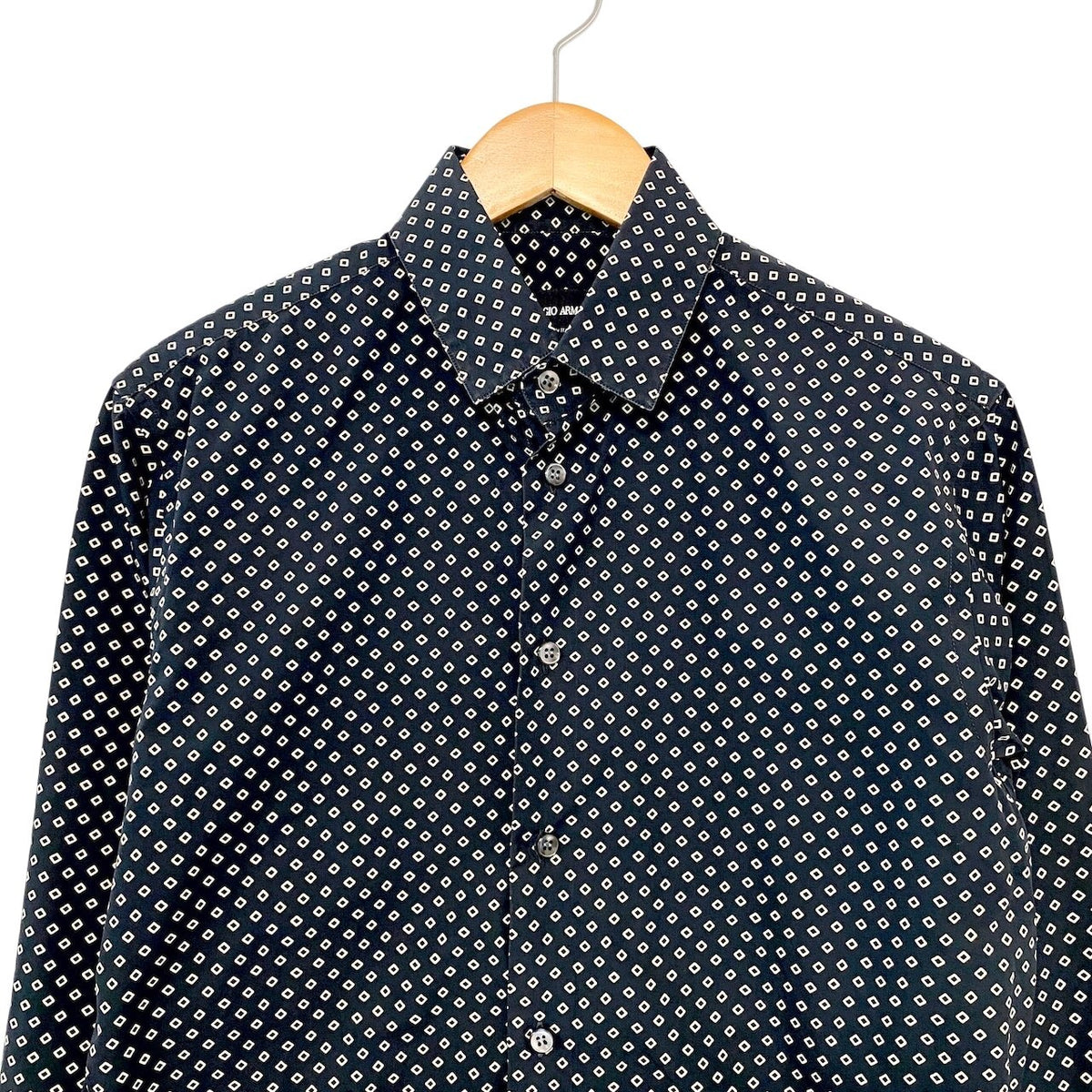 24j14  GIORGIO ARMANI ジョルジオアルマーニ 長袖シャツ メンズシャツ コットンシャツ 総柄シャツ 38/15 ネイビー 綿100％ メンズ 男性用u02t
