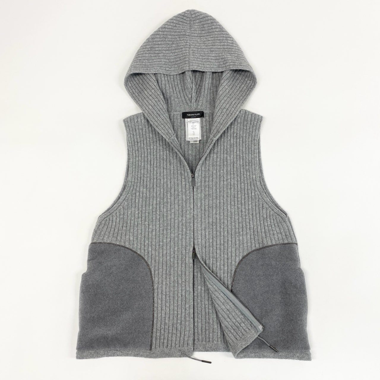 44c3 《美品》 FABIANA FILIPPI ファビアナ フィリッピ Ribbed Knit Hooded Vest カシミヤ混 リブニット フーディベスト XS グレー ヴァージンウール シルク メタルビーズ イタリア製