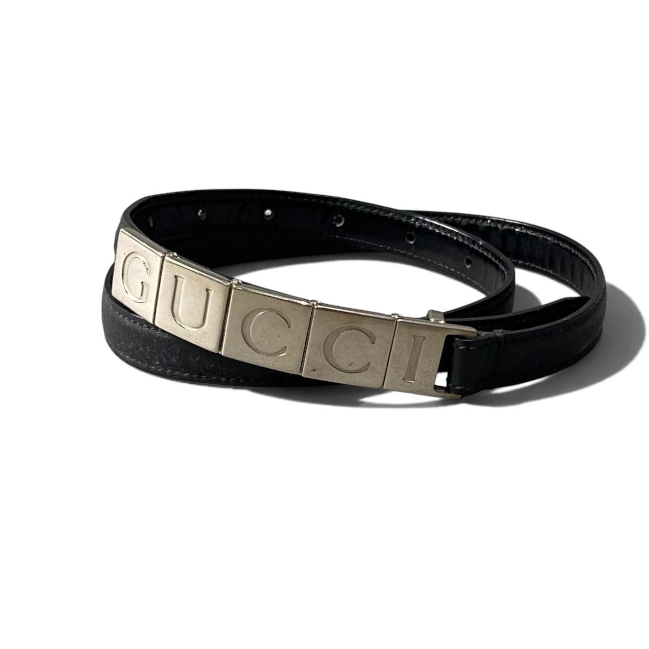 h12 GUCCI グッチ ロゴメタル プレート レザーベルト 75 ブラック レザー レディースu02t