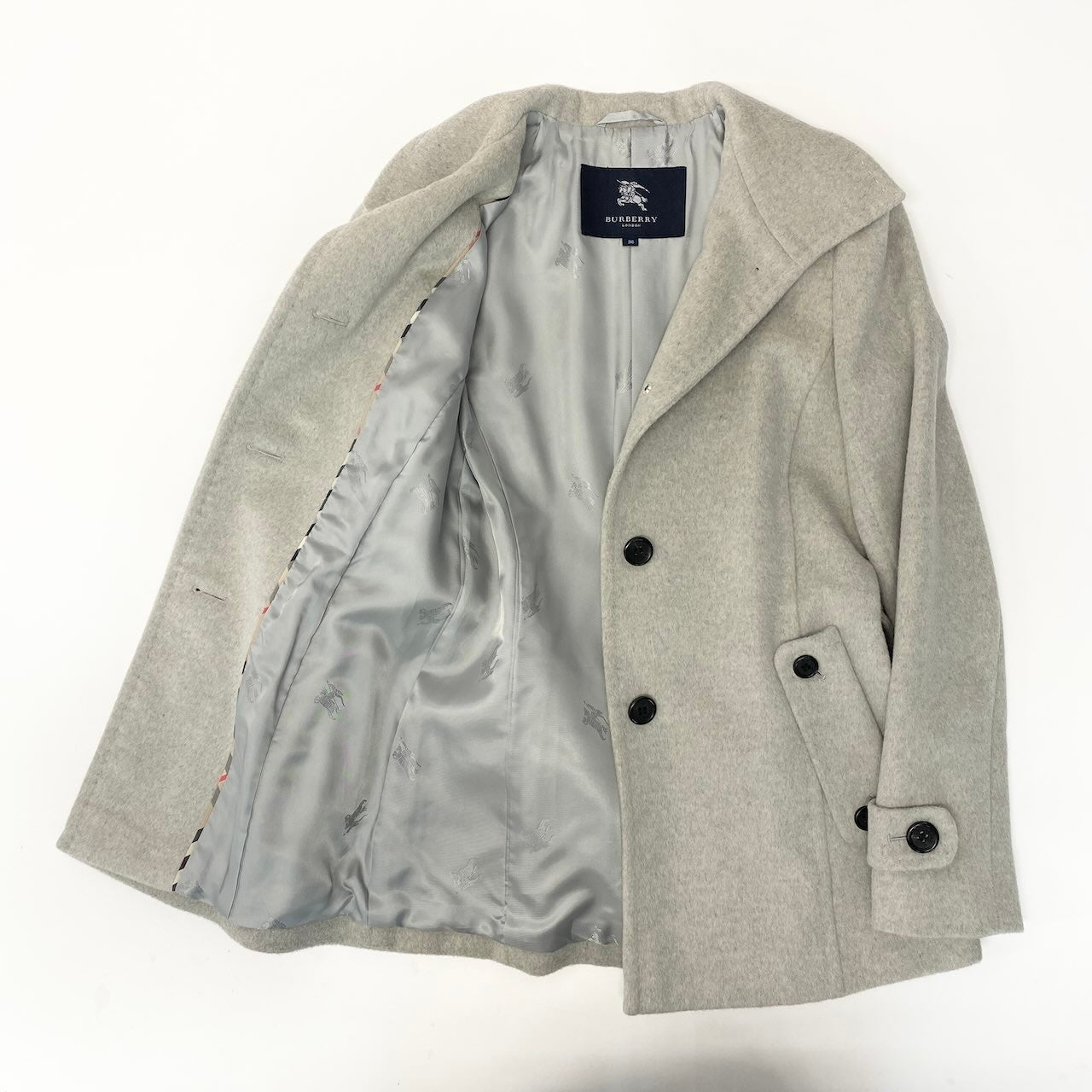 23e7 BURBERRY LONDON バーバリー ステンカラーコート ミドル丈 ウエストベルト付 ウールアンゴラ混 アウター サイズ38 グレー レディース 女性服u02t