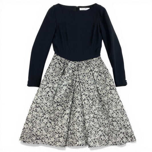Ed6 Christian Dior クリスチャンディオール 2A21605E1170 ジャガード切替 ミディドレス ワンピース サイズ38 ネイビー/グレー レディースta1