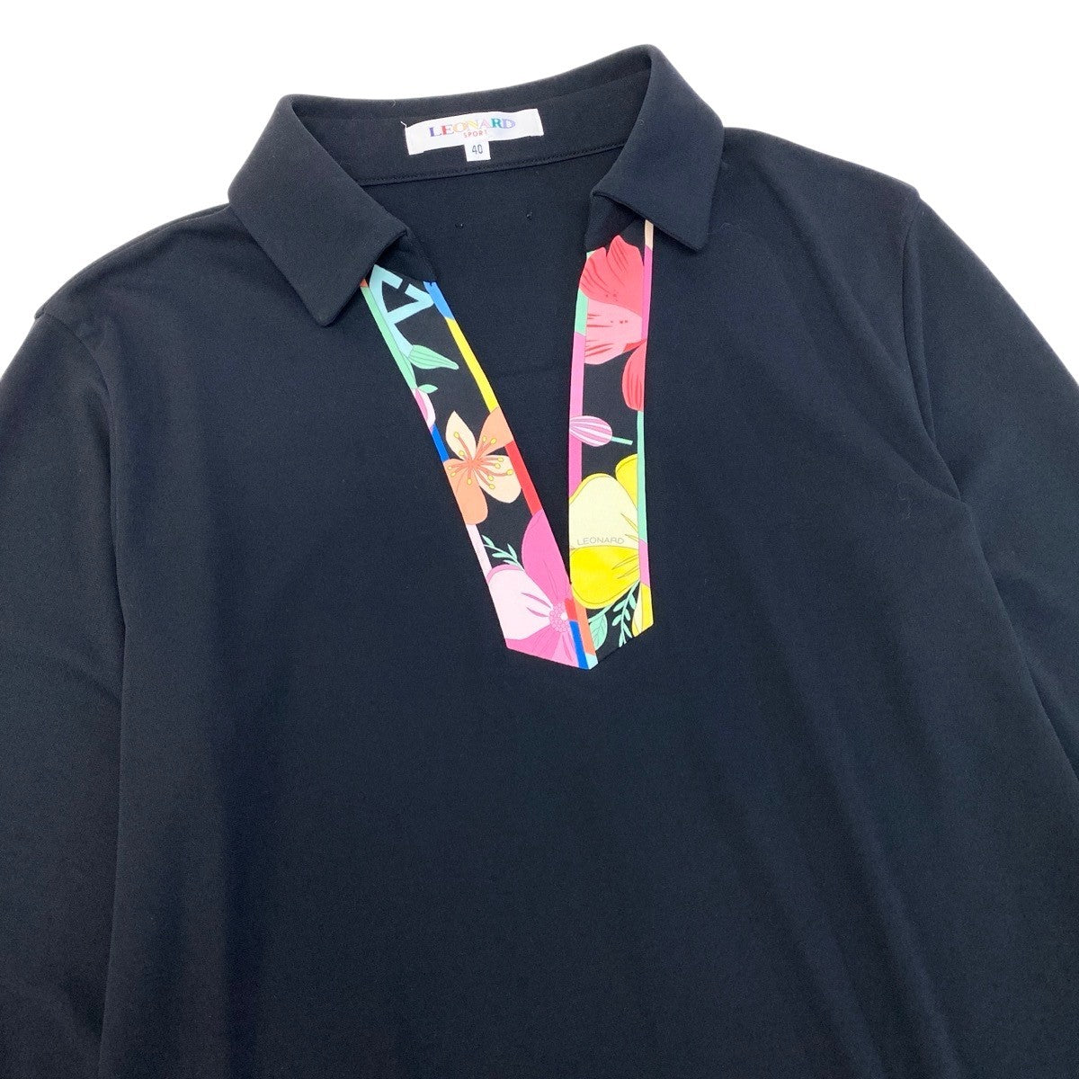 37g17 LEONARD SPORT レオナール ロングスリーブ カットソー チュニックワンピース 美しい花柄プリント サイズ40 ブラック レディースu02t