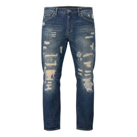 31h18 DOLCE＆GABBAN ドルチェアンドガッバーナ  デニムパンツ 14stretch ジーンズ イタリア製 ダメージ加工 ロゴプレート 48 インディゴブルー コットン100％ メンズ 男性用o07t