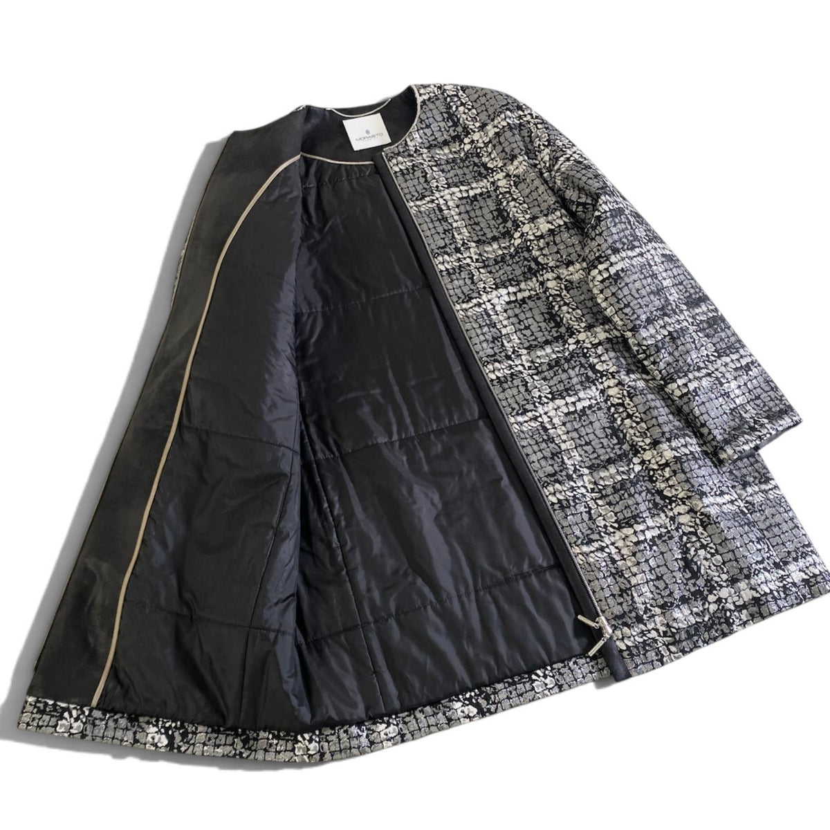 20j23 【極美品】MORABITO PREMIER モラビト プルミエ ノーカラーダウンコート チェック柄 ラメ ダブルジップ アウター 38サイズ グレー系 レディース 女性用u02t