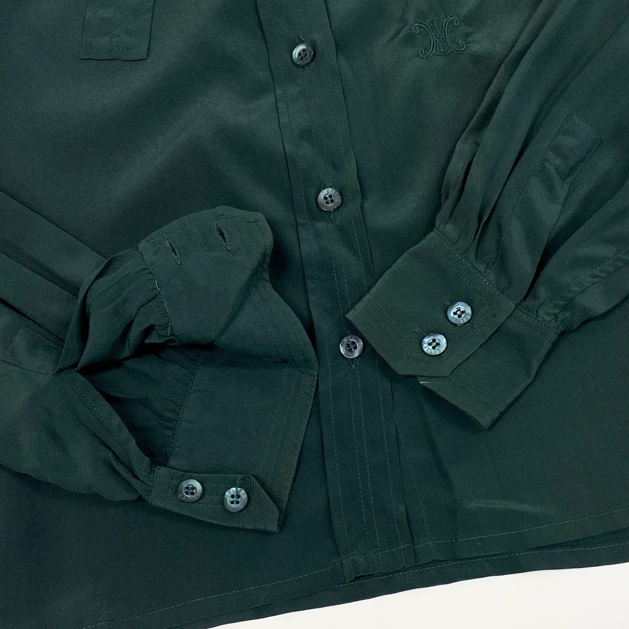 Eb26 CELINE セリーヌ ボウタイブラウス シャツ トリオンフ刺繍 38 グリーン シルク レディースu02t