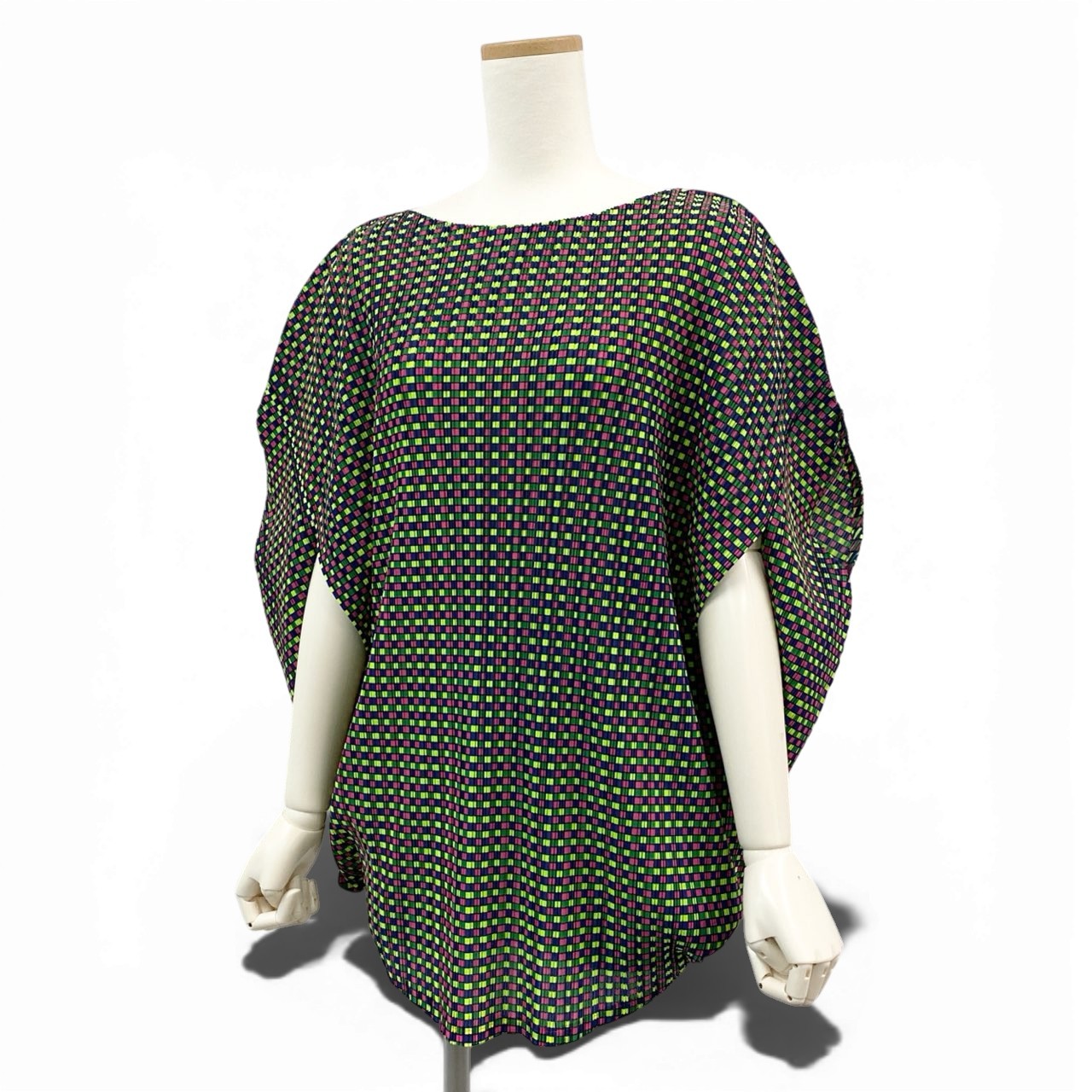 Aa7 【美品】 PLEATS PLEASE プリーツプリーズ イッセイミヤケ 変形トップス ポンチョ ジオメトリックプリント チェック柄 PP03-FK363 マルチカラー レディース 女性用k02i