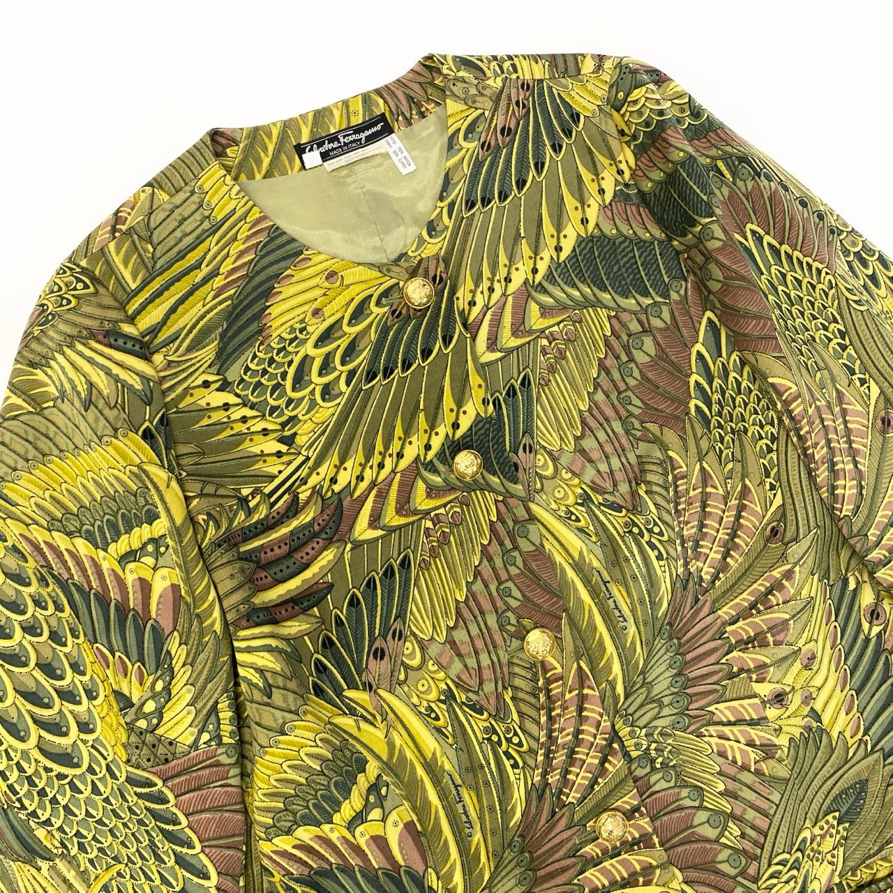 38a16 Salvatore Ferragamo サルヴァトーレ フェラガモ Vintage 金ボタン 総柄スプリングコート サイズ46 グリーン系 ヴィンテージ 女性服t18r