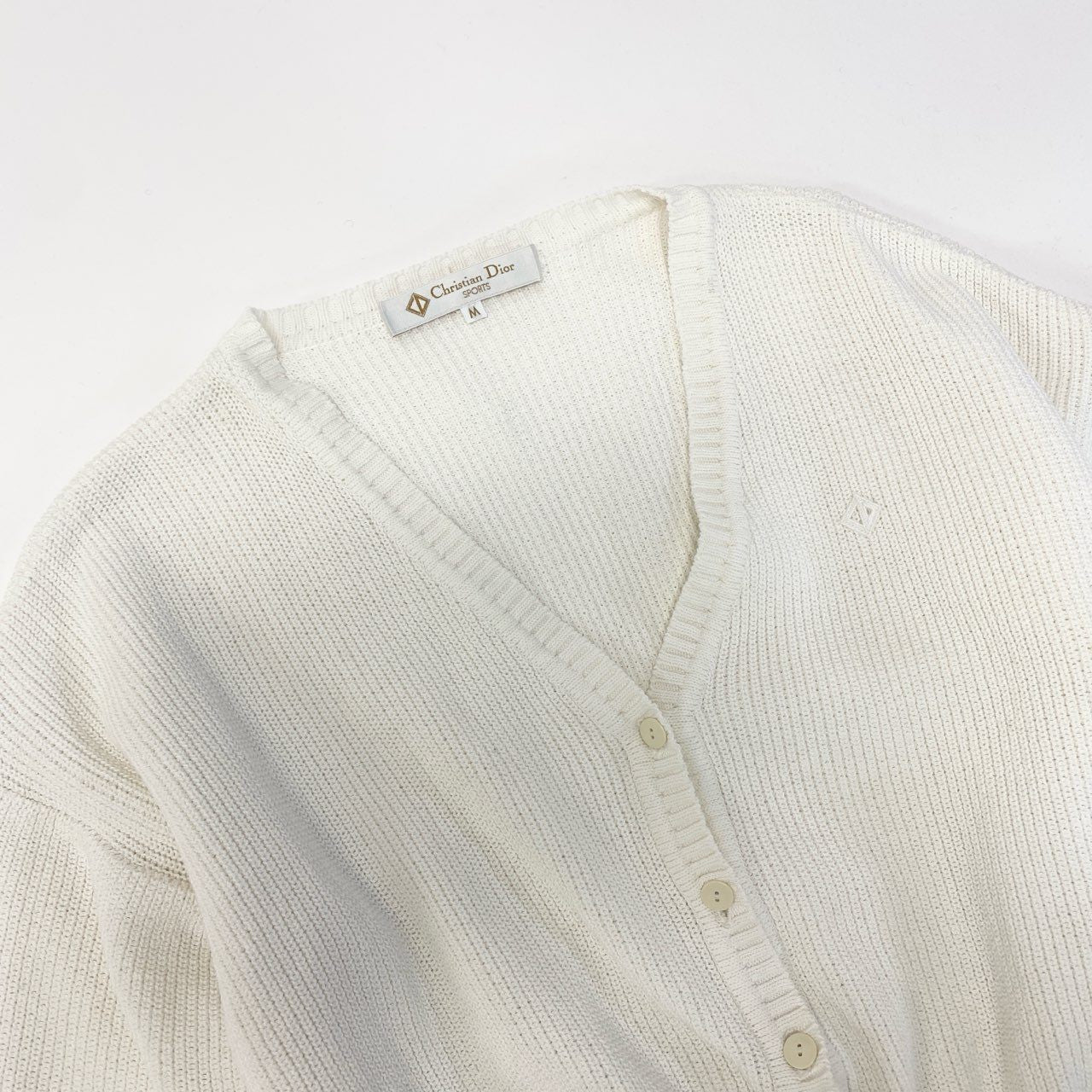 Ia27 Christian Dior クリスチャンディオール Vintage CDロゴ エルボーパッチ付 ニットカーディガン 短丈 サイズM ホワイト MA-1風t18r