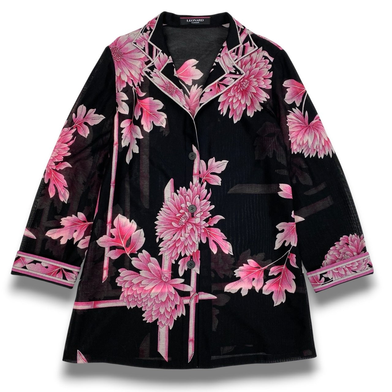 59b22 【美品】 LEONARD FASHION レオナール シアージャケット シャツジャケット 美しい花柄プリント レディース 女性服 11R ブラック ピンク コットン100％u02t